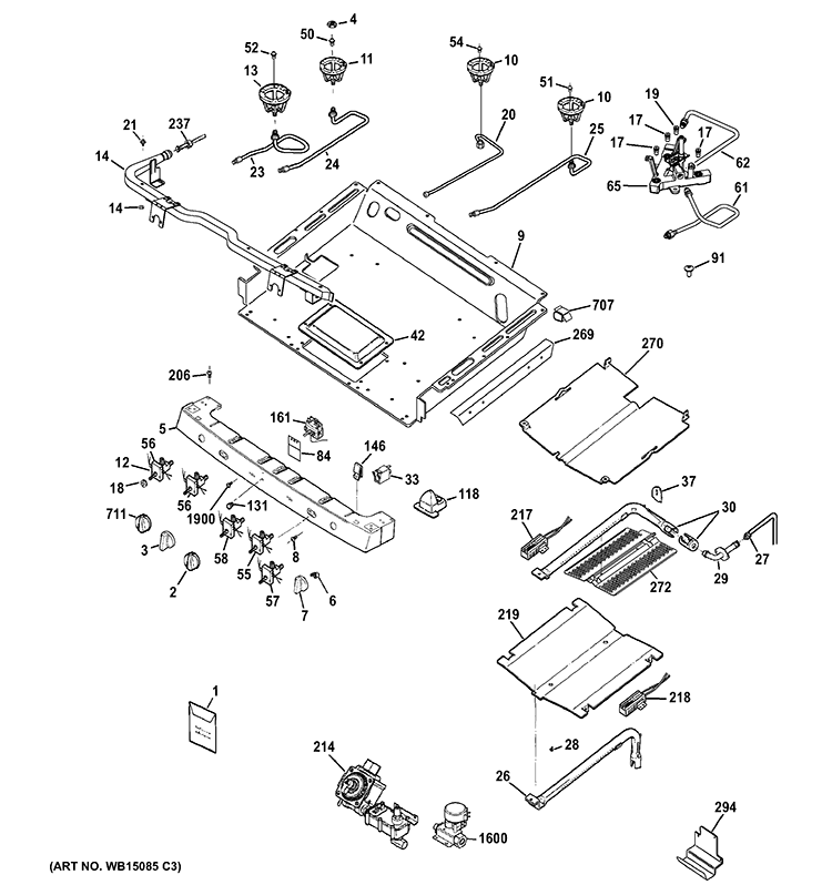 GAS & BURNER PARTS Diagram and Parts List for PGB930DET3BB  General Electric Range