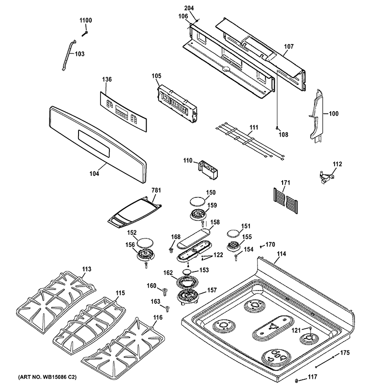 CONTROL PANEL & COOKTOP Diagram and Parts List for PGB930DET3BB  General Electric Range