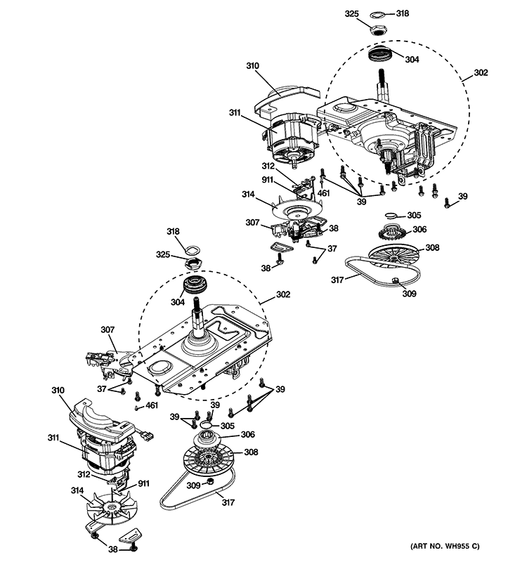 MOTOR & DRIVE ASSEMBLY Diagram and Parts List for GTUP240EM1WW  General Electric Washer Dryer Combo