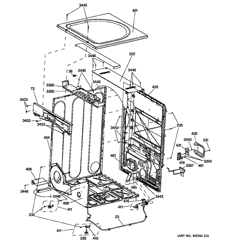CABINET & TOP PANEL Diagram and Parts List for GFDS140ED0WW  General Electric Dryer