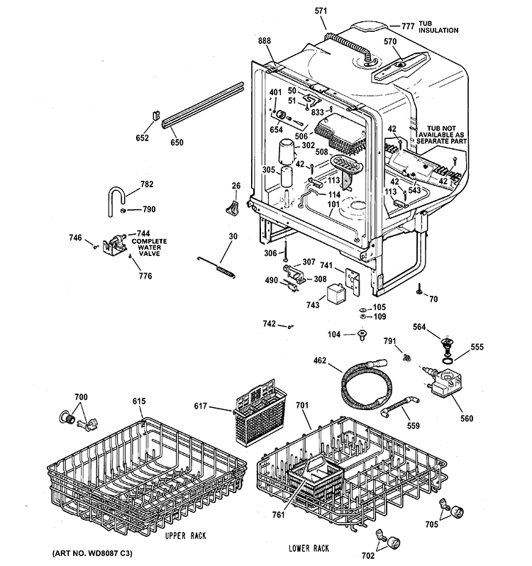 BODY PARTS Diagram and Parts List for GSD3900G00WW  General Electric Dishwasher