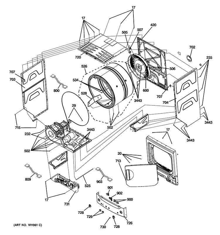 CABINET 1 Diagram and Parts List for GTUP270GM4WW  General Electric Washer Dryer Combo