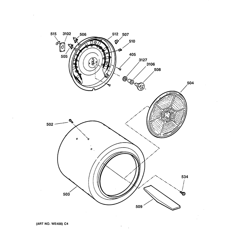 DRUM Diagram and Parts List for DISR473DGDWW  General Electric Dryer
