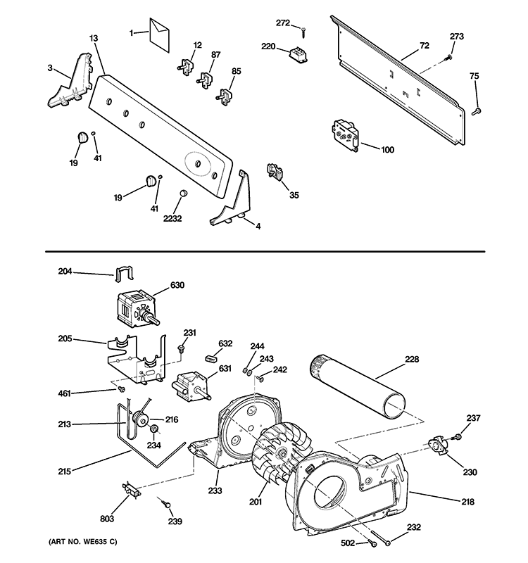 BACKSPLASH, BLOWER & MOTOR ASSEMBLY Diagram and Parts List for GTDL210ED1WW  General Electric Dryer