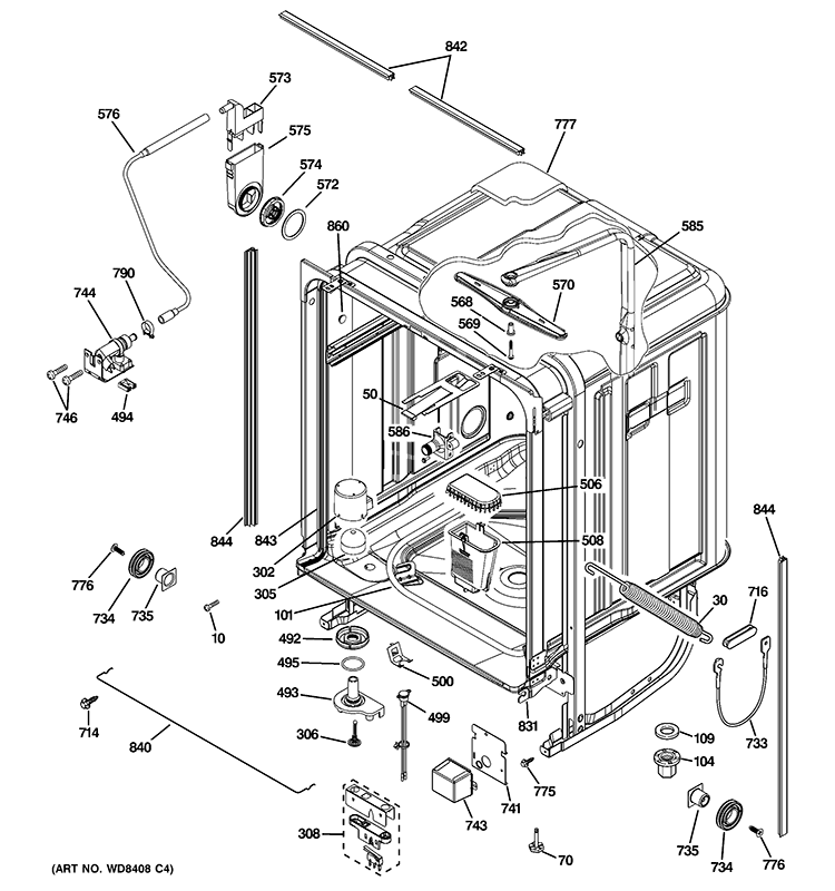 BODY PARTS Diagram and Parts List for GDWF100V55BB  General Electric Dishwasher