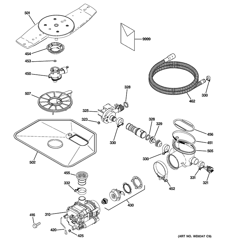 MOTOR-PUMP MECHANISM Diagram and Parts List for GDWF100V55BB  General Electric Dishwasher