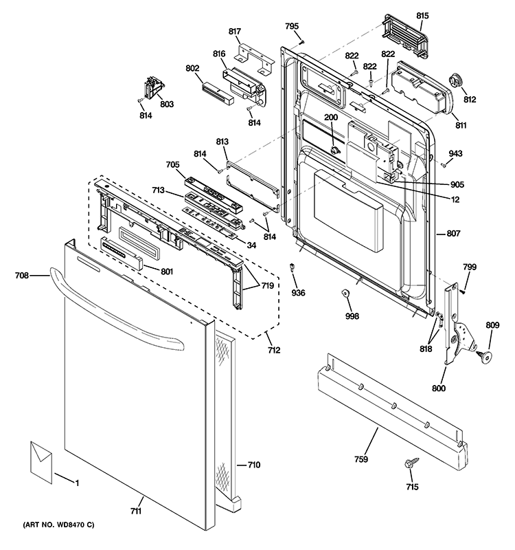 ESCUTCHEON & DOOR ASSEMBLY Diagram and Parts List for GDWT308V55WW  General Electric Dishwasher