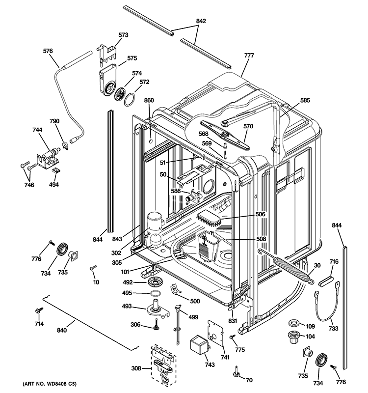 BODY PARTS Diagram and Parts List for GDWT608V55WW  General Electric Dishwasher