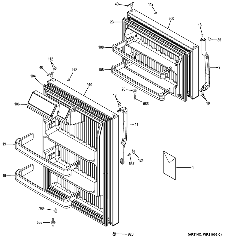 DOORS Diagram and Parts List for GTH16DBEDRWW  General Electric Refrigerator