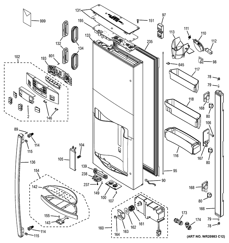 DISPENSER DOOR Diagram and Parts List for GFE27GMDCES  General Electric Refrigerator