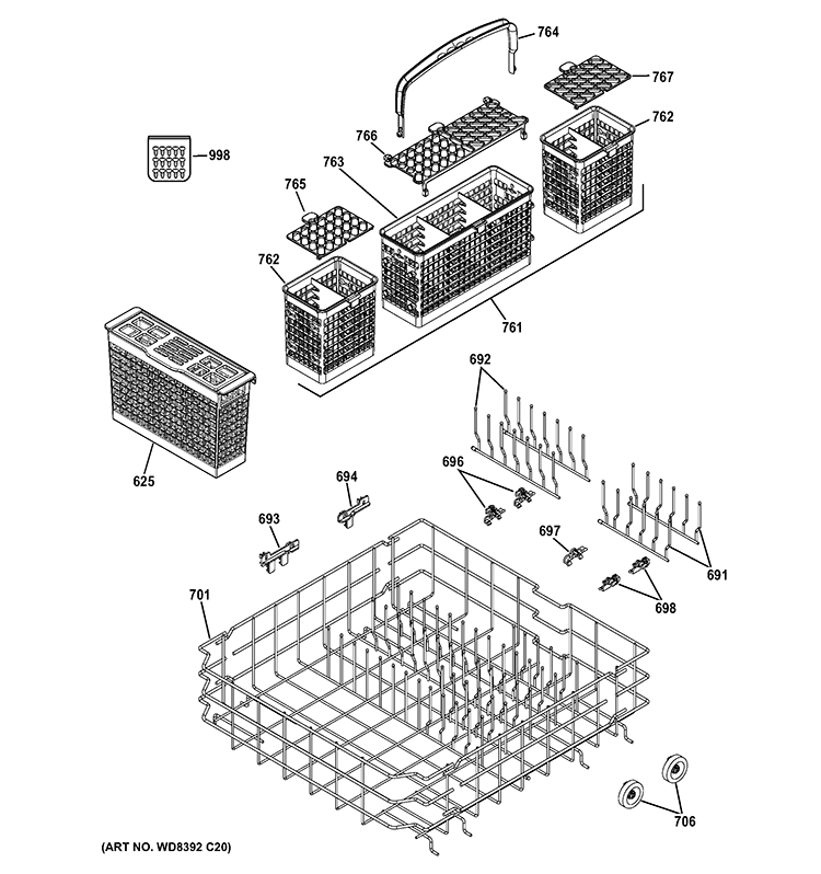 LOWER RACK ASSEMBLY Diagram and Parts List for ZBD8920D00SS  General Electric Dishwasher