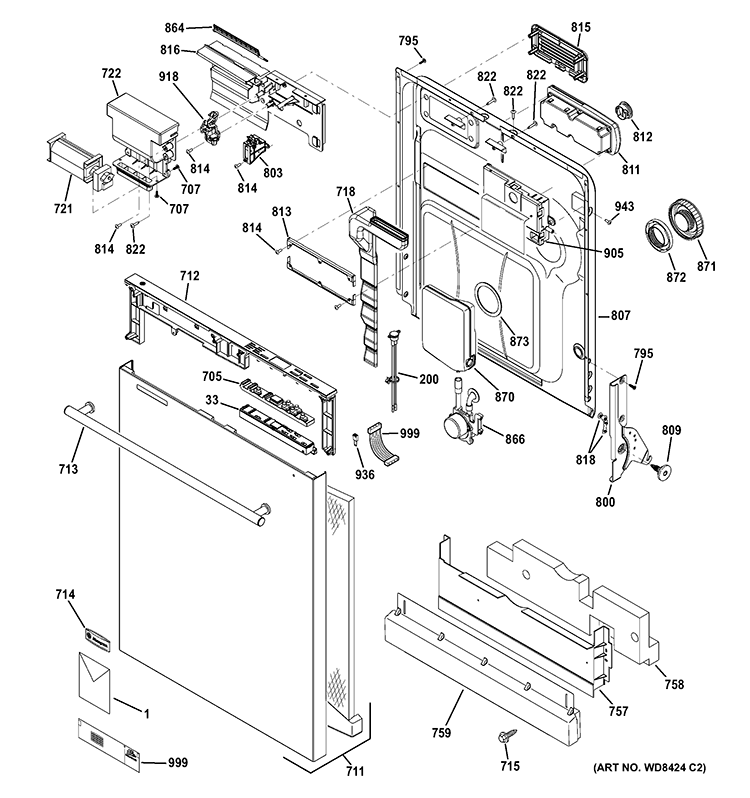 ESCUTCHEON & DOOR ASSEMBLY Diagram and Parts List for ZBD8920V00SS  General Electric Dishwasher