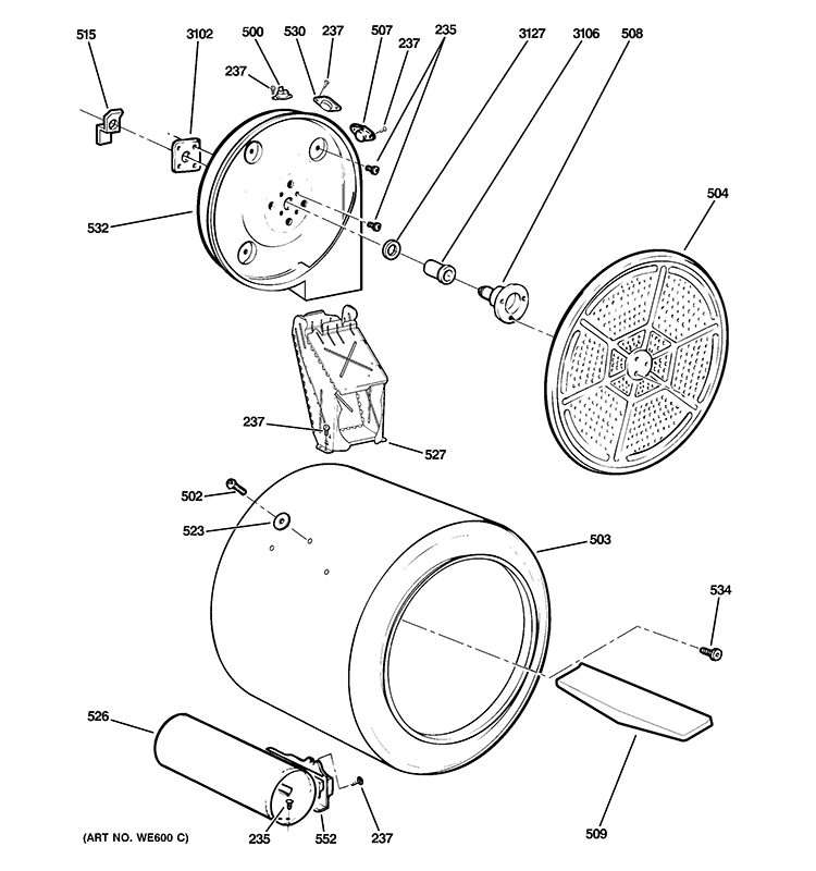 DRUM Diagram and Parts List for GLDS560GD2WW  General Electric Dryer