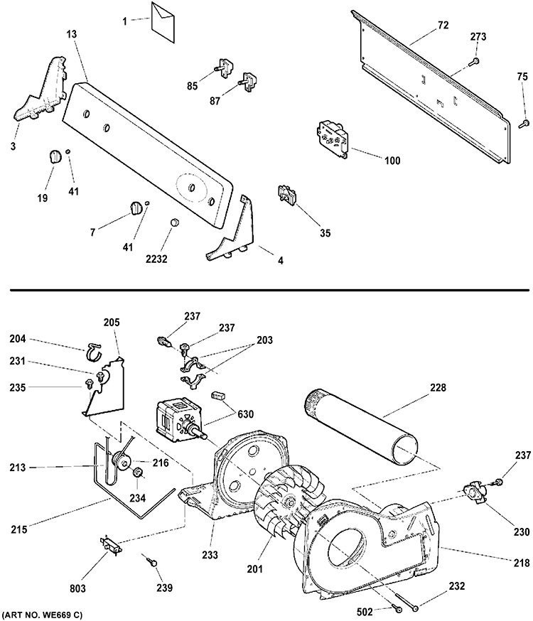BACKSPLASH, BLOWER & DRIVE ASSEMBLY Diagram and Parts List for GTDP200EF0WS  General Electric Dryer