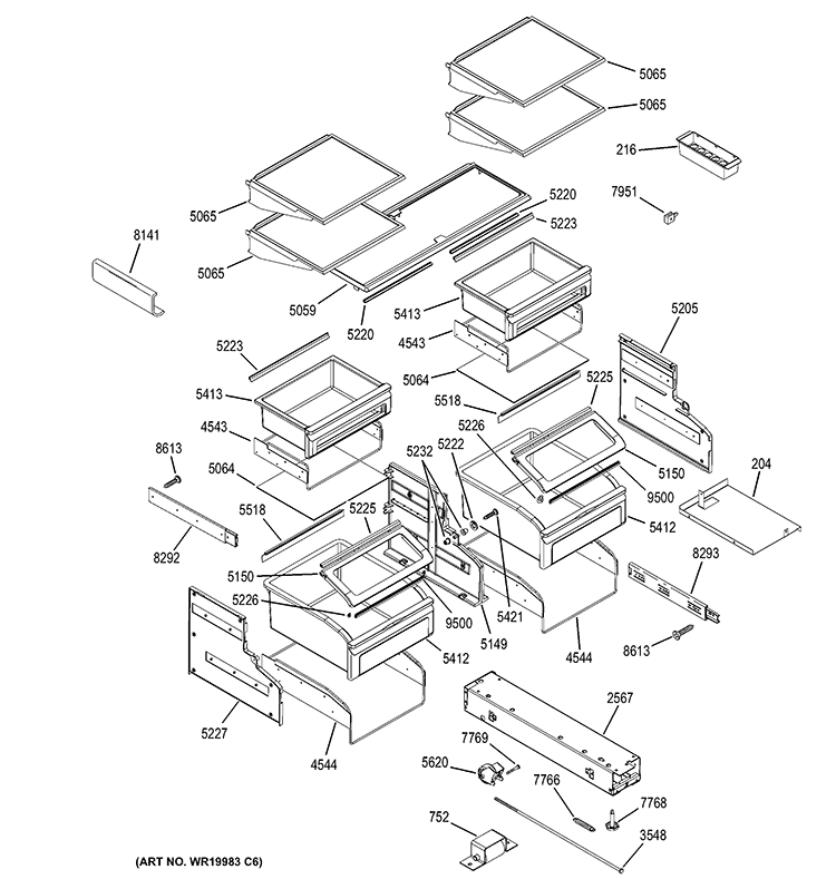 SHELVES & DRAWERS Diagram and Parts List for ZIC360NXCRH  General Electric Refrigerator