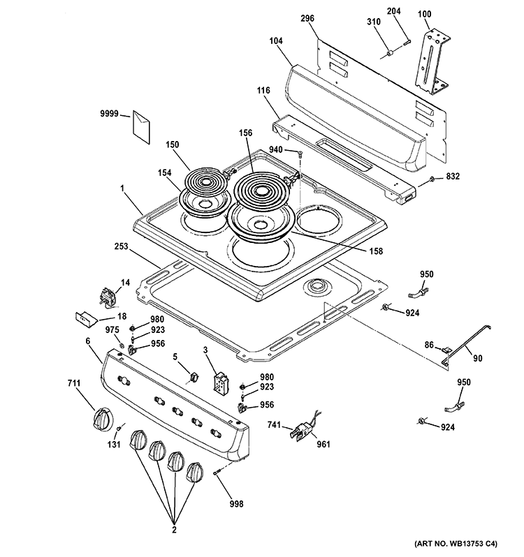 CONTROL PANEL & COOKTOP Diagram and Parts List for RA720K5CT  Hotpoint Range