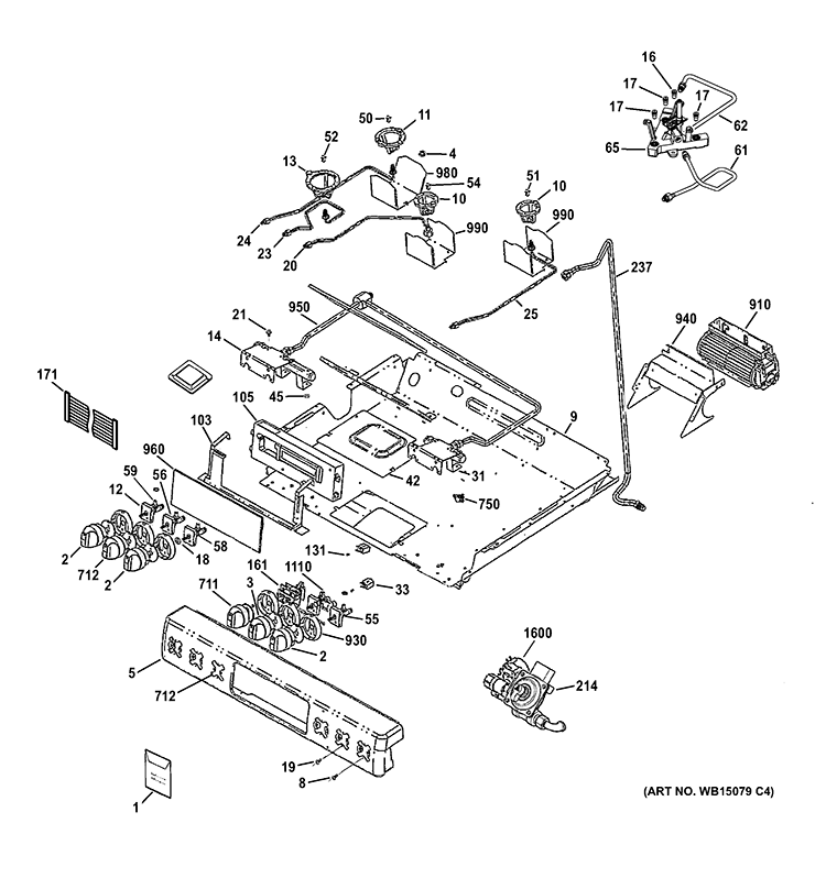 CONTROL PANEL, GAS & BURNER PARTS Diagram and Parts List for C2S985SET2SS  General Electric Range