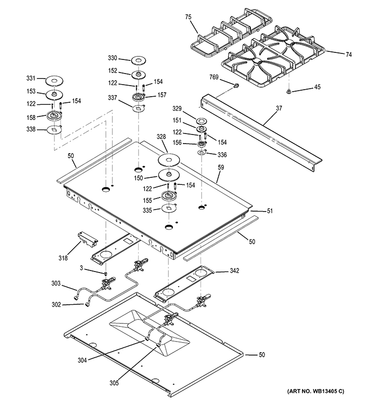 COOKTOP Diagram and Parts List for J2S968SH4SS  General Electric Range