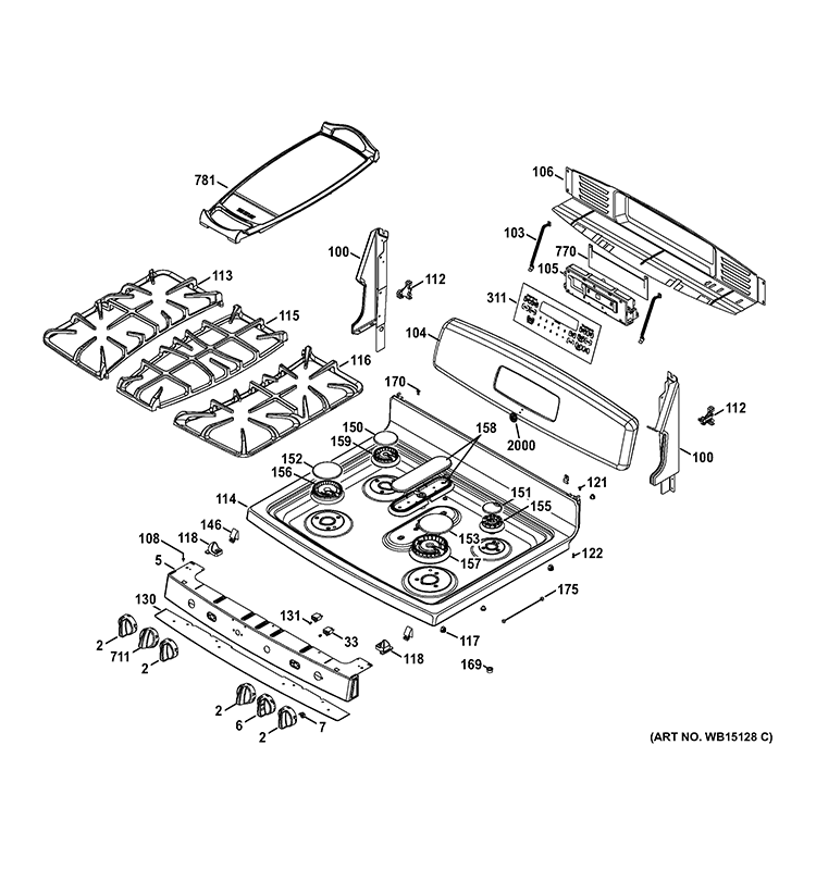 CONTROL PANEL & COOKTOP Diagram and Parts List for JGB870DET1BB  General Electric Range
