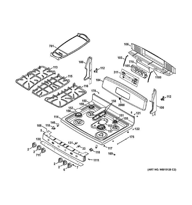 CONTROL PANEL & COOKTOP Diagram and Parts List for JGB870DET2WW  General Electric Range