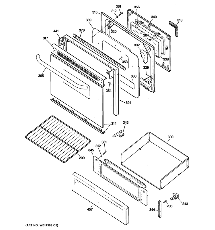DOOR & DRAWER PARTS Diagram and Parts List for JGBP25SENASS  General Electric Range