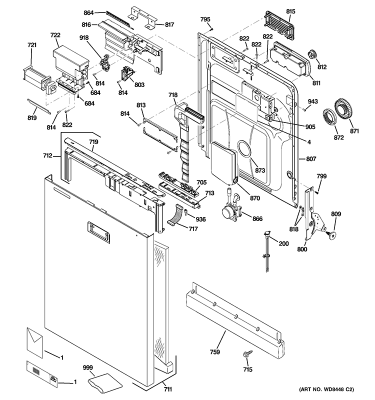 ESCUTCHEON & DOOR ASSEMBLY Diagram and Parts List for PDWT302V50II  General Electric Dishwasher