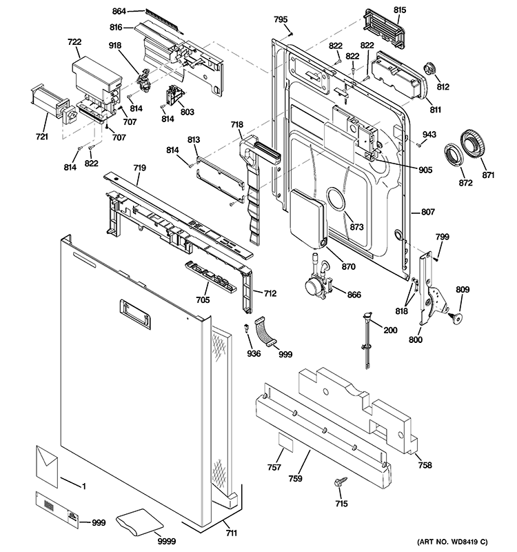 ESCUTCHEON & DOOR ASSEMBLY Diagram and Parts List for PDWT502V00II  General Electric Dishwasher