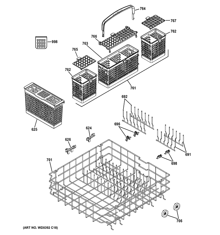 LOWER RACK ASSEMBLY Diagram and Parts List for PDWT502V00II  General Electric Dishwasher