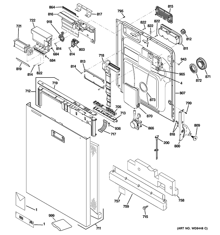 ESCUTCHEON & DOOR ASSEMBLY Diagram and Parts List for PDWT502V50II  General Electric Dishwasher