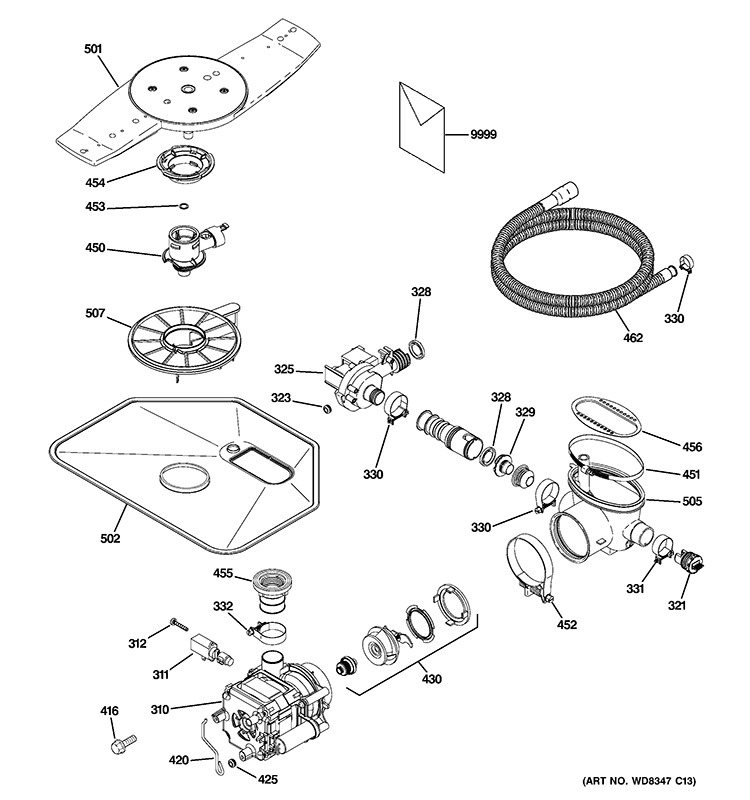 MOTOR-PUMP MECHANISM Diagram and Parts List for PDWT502V50II  General Electric Dishwasher