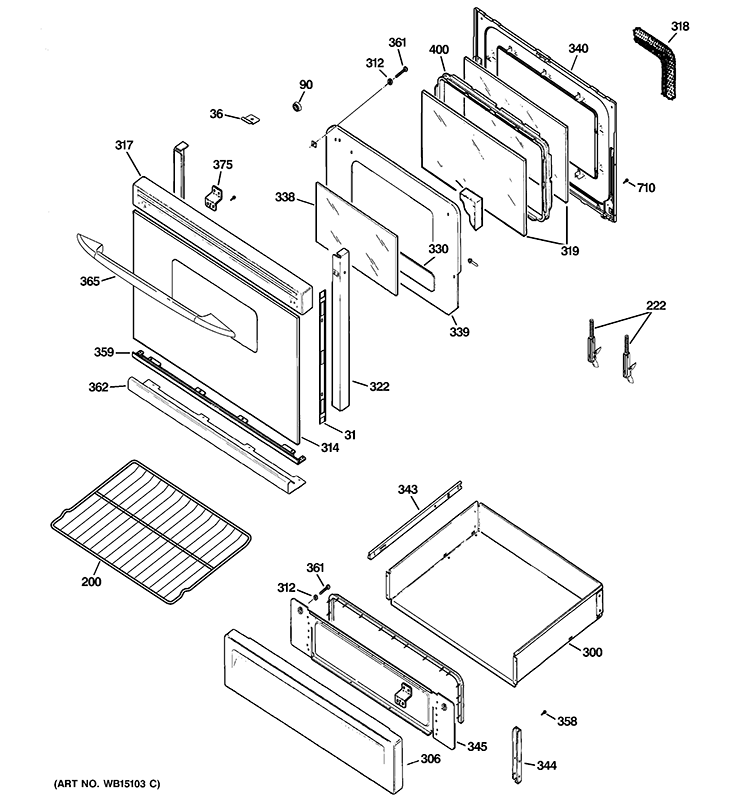 DOOR & DRAWER PARTS Diagram and Parts List for PGB910DET1CC  General Electric Range