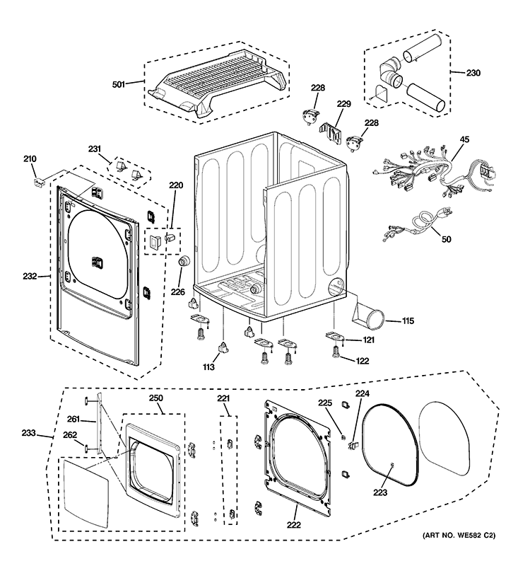 CABINET, FRONT PANEL & DOOR Diagram and Parts List for PTDN805GM0MS  General Electric Dryer