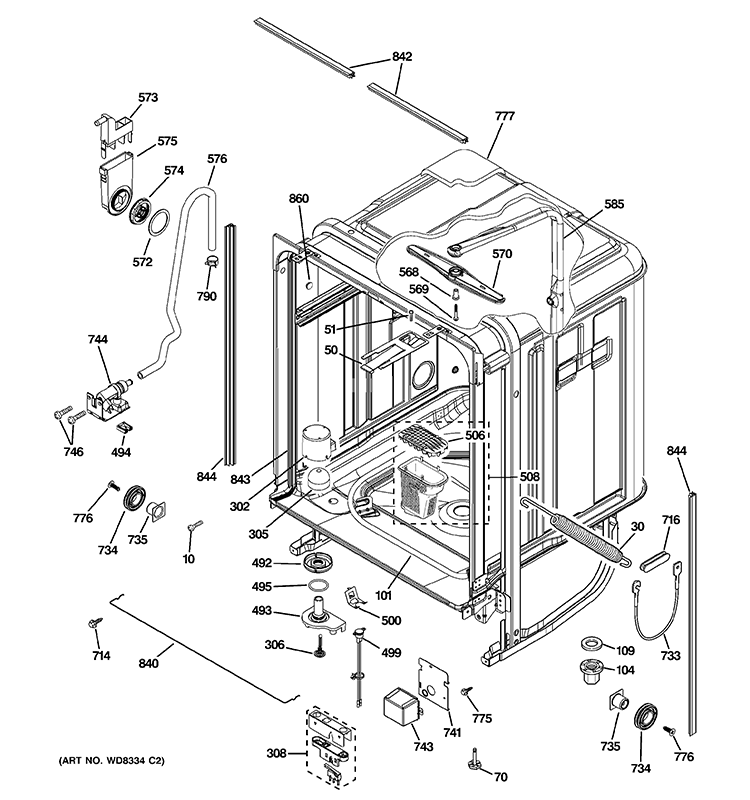 BODY PARTS Diagram and Parts List for ZBD6900V00II  General Electric Dishwasher