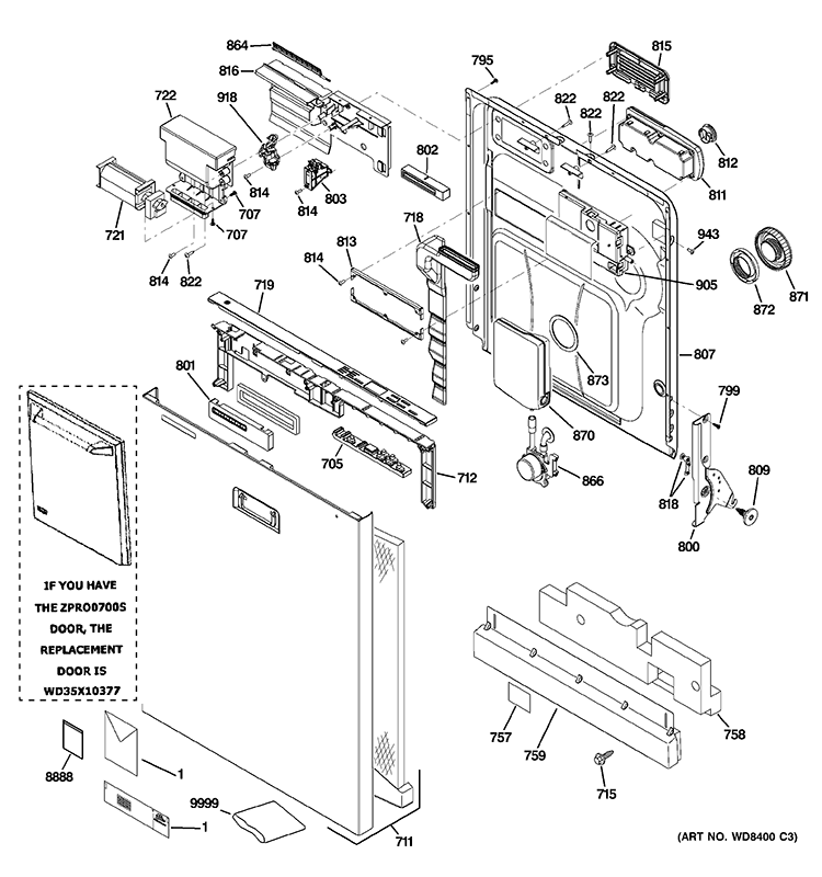 ESCUTCHEON & DOOR ASSEMBLY Diagram and Parts List for ZBD8900V00II  General Electric Dishwasher
