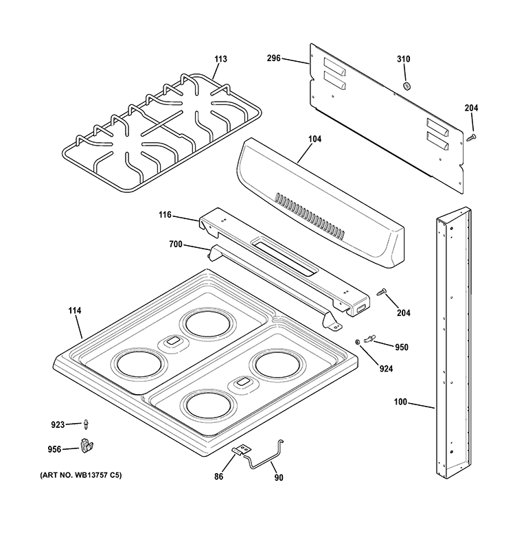 CONTROL PANEL & COOKTOP Diagram and Parts List for RGA724EK5WH  Hotpoint Range