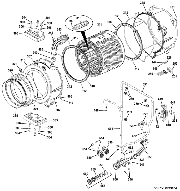 TUB & MOTOR Diagram and Parts List for GFWR4805F0RR  General Electric Washer