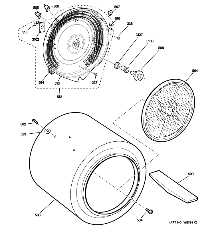 DRUM Diagram and Parts List for GTDS560EF0WS  General Electric Dryer