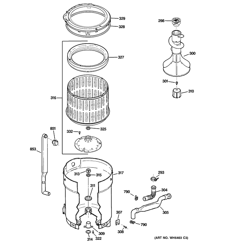 TUB, BASKET & AGITATOR Diagram and Parts List for HSWP1000M2WW  Hotpoint Washer