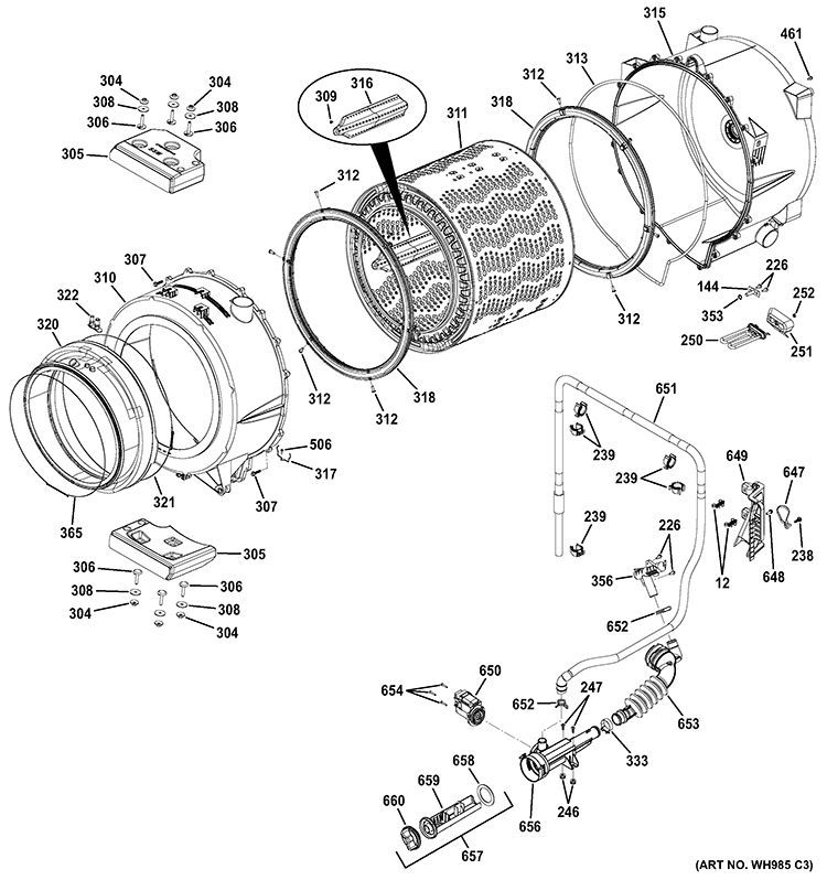 TUB & MOTOR Diagram and Parts List for GFWS2505F0RR  General Electric Washer