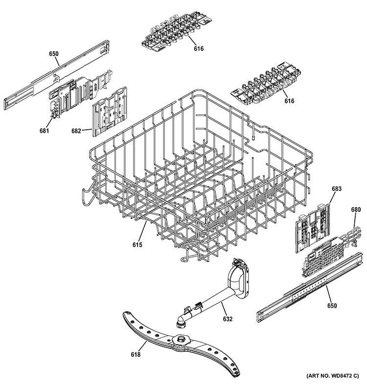 UPPER RACK ASSEMBLY Diagram and Parts List for DDT575SMF0ES  General Electric Dishwasher