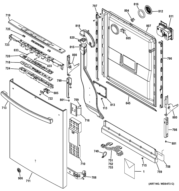 ESCUTCHEON & DOOR ASSEMBLY Diagram and Parts List for DDT575SSF0SS  General Electric Dishwasher