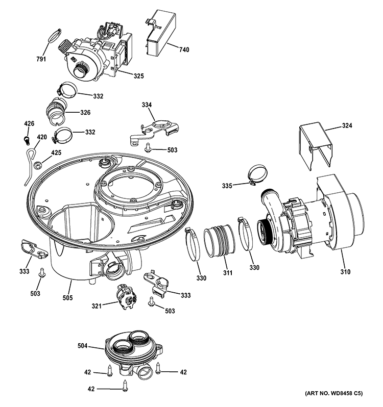 SUMP & MOTOR MECHANISM Diagram and Parts List for DDT575SSF0SS  General Electric Dishwasher