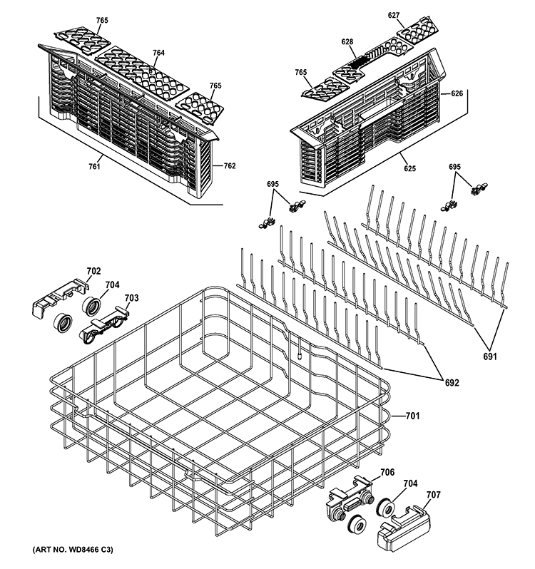 LOWER RACK ASSEMBLY Diagram and Parts List for GDF570SGF0CC  General Electric Dishwasher