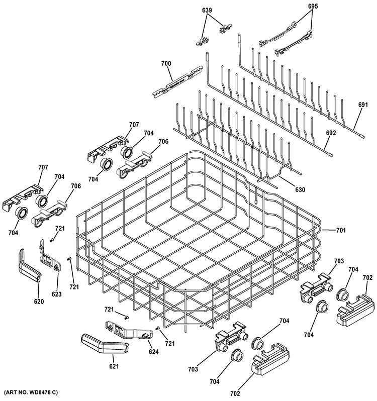 LOWER RACK ASSEMBLY Diagram and Parts List for GDT740SSF0SS  General Electric Dishwasher