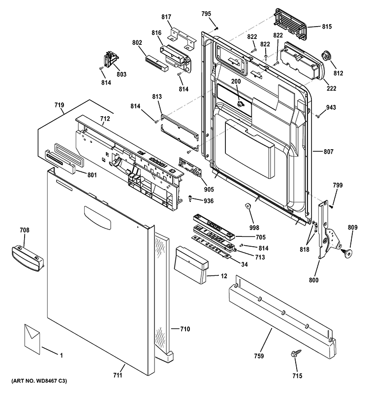 ESCUTCHEON & DOOR ASSEMBLY Diagram and Parts List for GHDT158V60ES  General Electric Dishwasher