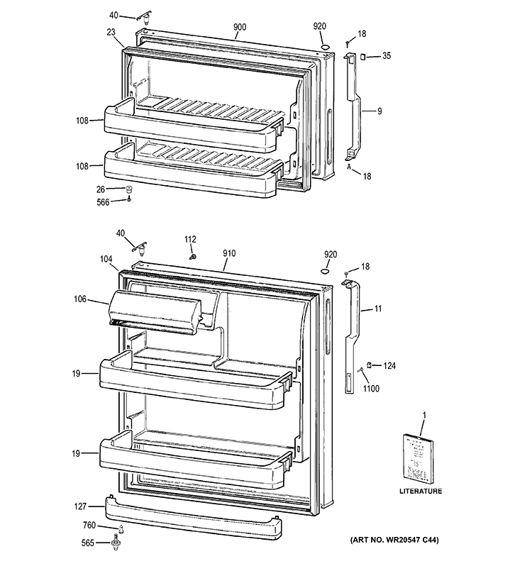 DOORS Diagram and Parts List for GTH18CCDERBB  General Electric Refrigerator