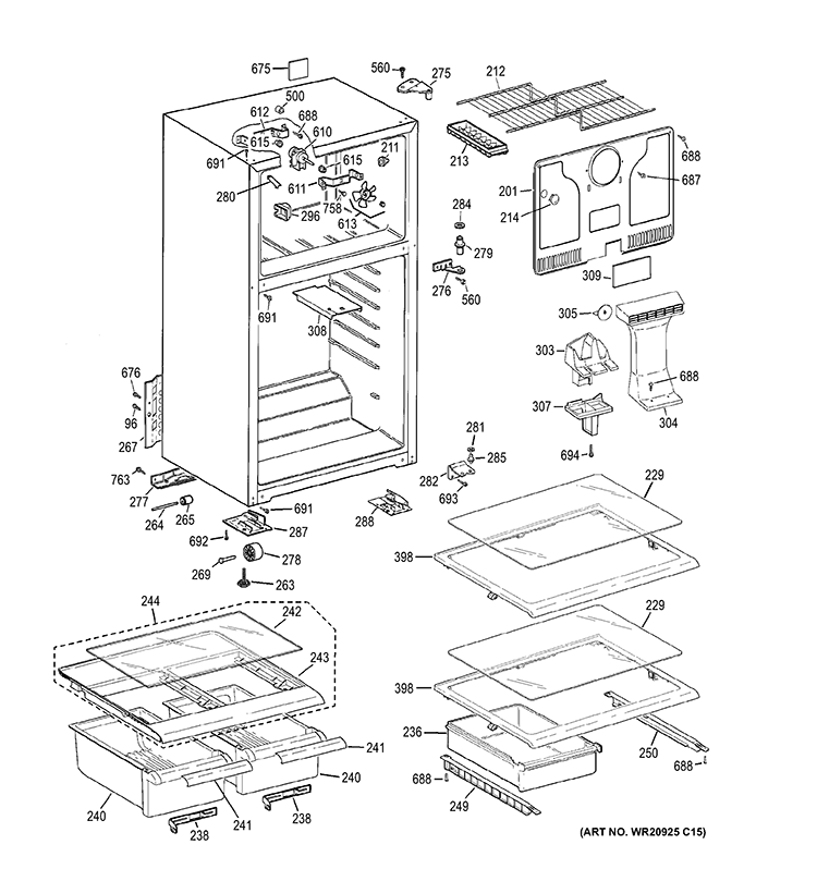 CABINET Diagram and Parts List for GTT18GBDERWW  General Electric Refrigerator