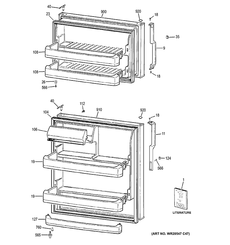 DOORS Diagram and Parts List for MTS18CBEJRWW  General Electric Refrigerator