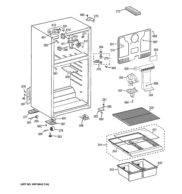 CABINET Diagram and Parts List for MTS18CBEJRWW  General Electric Refrigerator