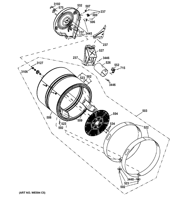 DRUM Diagram and Parts List for GFDS140GD0WW  General Electric Dryer